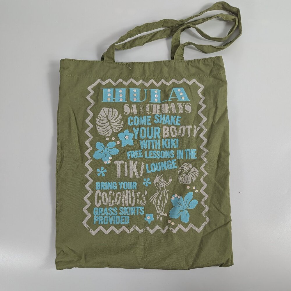 Old Navy Green HULA Tote Bag Cotton Sequin Accents 2004 Nostalgia Millennial Y2K